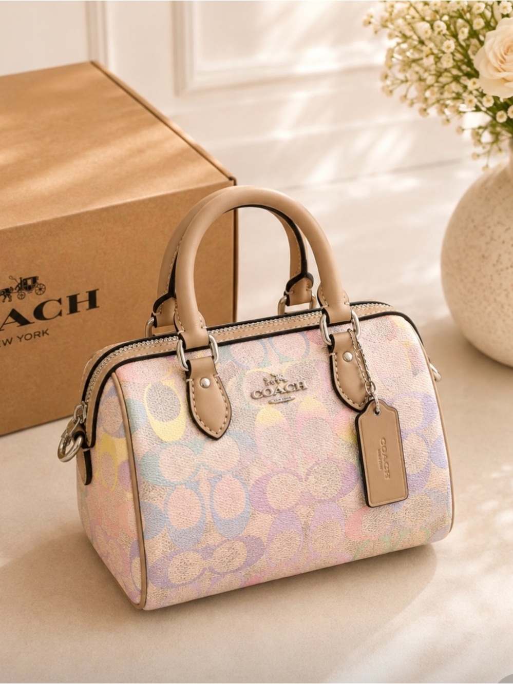 Coach Mini Satchel in Pastel Signature Print with Tan Trim